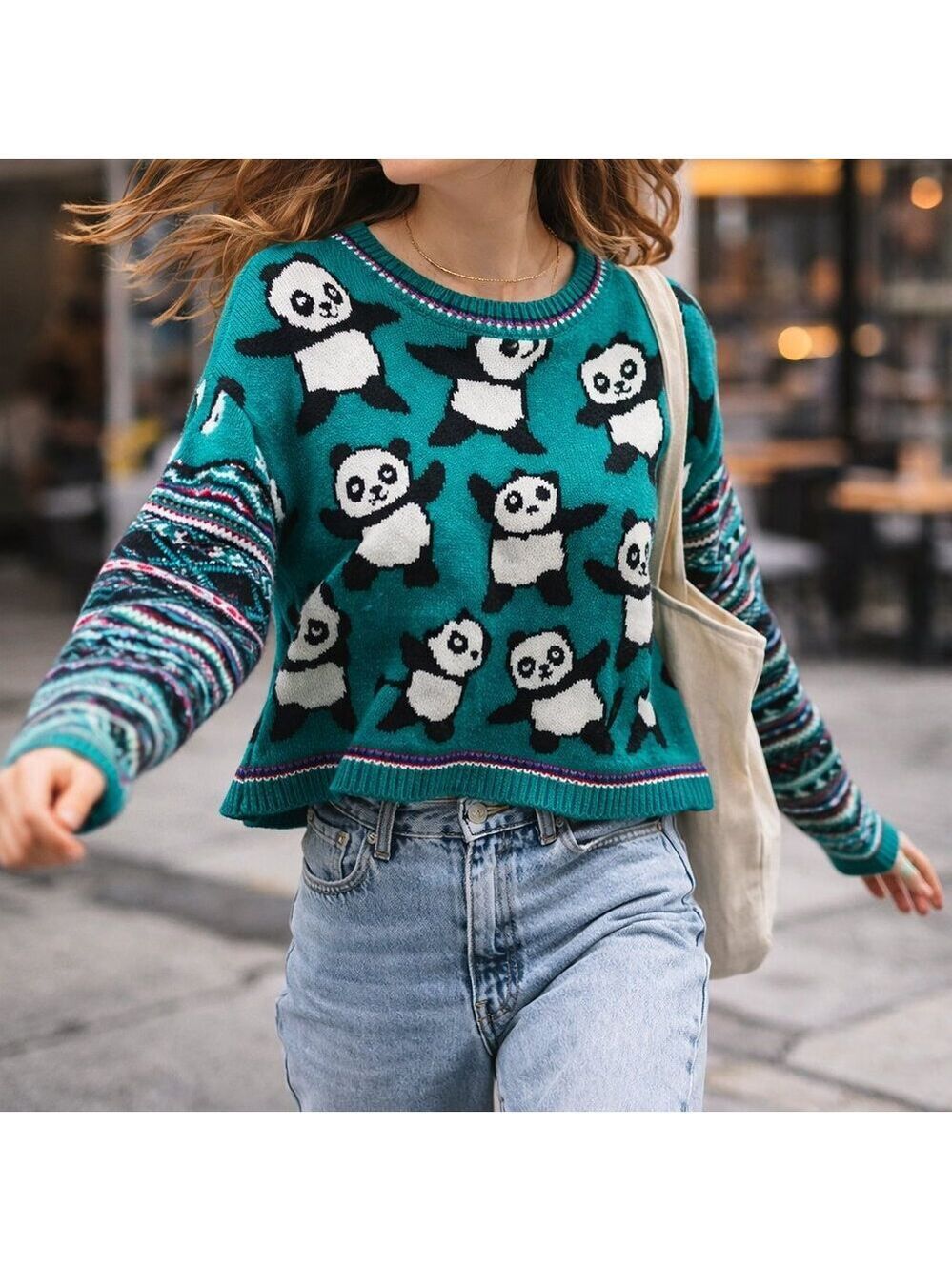 Coincidence & Chance Panda Sweater Boxy Cropped Novelty Knit Medium